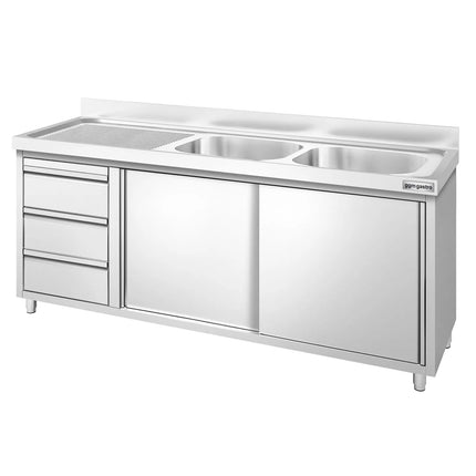 GGM Gastro Commercial Sink Cabinet PREMIUM - 1800x700mm - with 2 bowls right-hand - 3 drawers