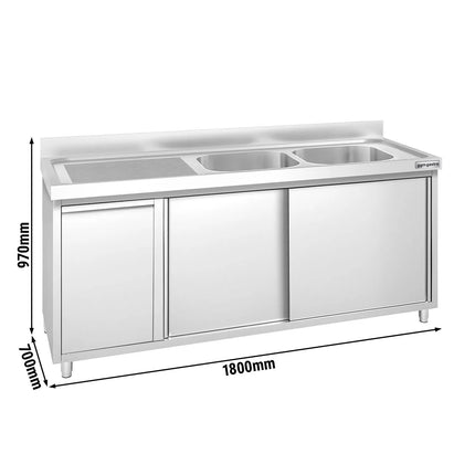 GGM Gastro Commercial Sink Cabinet PREMIUM - 1800x700mm - with waste bin & 2 bowls right-hand