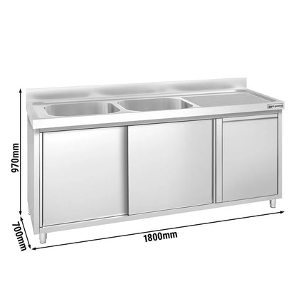 GGM Gastro Commercial Sink Cabinet PREMIUM - 1800x700mm - with waste bin & 2 bowls left-hand