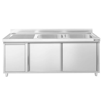 GGM Gastro Commercial Sink Cabinet PREMIUM - 1800x700mm - with waste bin & 2 bowls right-hand