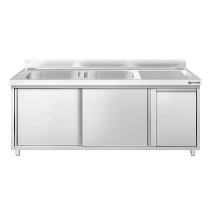 GGM Gastro Commercial Sink Cabinet PREMIUM - 1800x700mm - with waste bin & 2 bowls left-hand