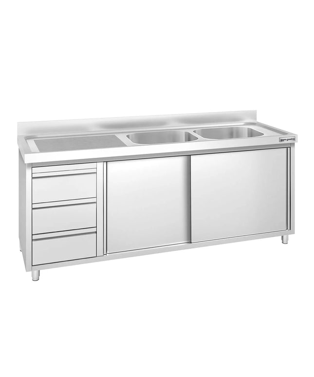 GGM Gastro Commercial Sink Cabinet PREMIUM - 2000x600mm - 2 bowls right-hand - 3 drawers