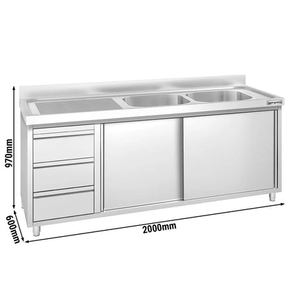 GGM Gastro Commercial Sink Cabinet PREMIUM - 2000x600mm - 2 bowls right-hand - 3 drawers