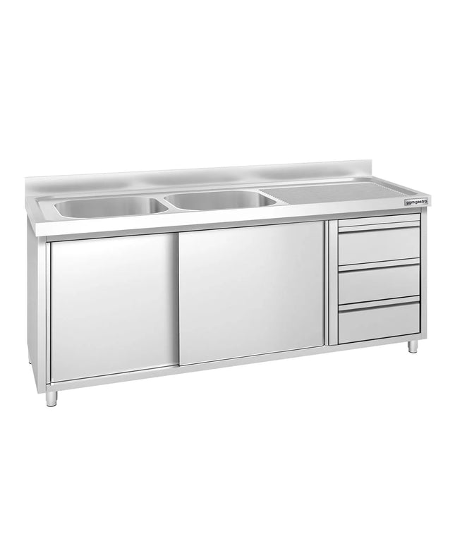 GGM Gastro Commercial Sink Cabinet PREMIUM - 2000x600mm - with 2 bowls left-hand - 3 drawers