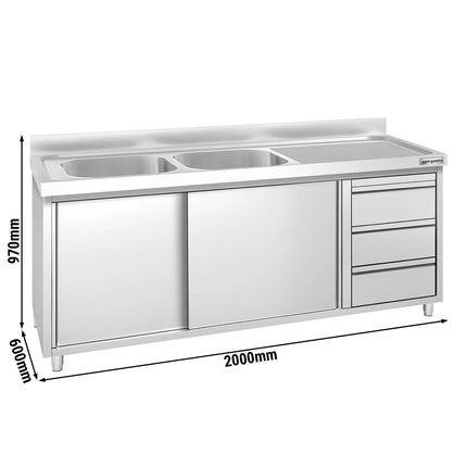 GGM Gastro Commercial Sink Cabinet PREMIUM - 2000x600mm - with 2 bowls left-hand - 3 drawers