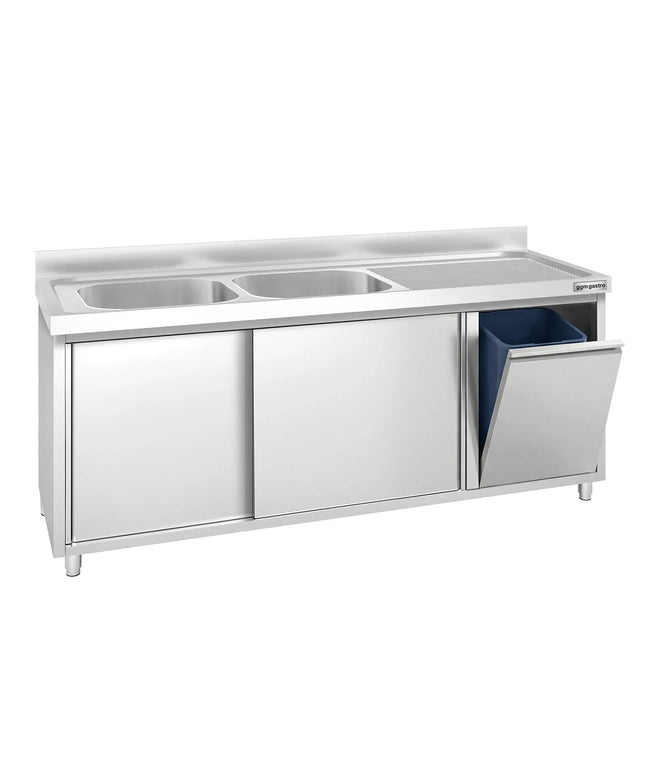 GGM Gastro Commercial Sink Cabinet PREMIUM - 2000x600mm - with waste bin & 2 bowls left-hand