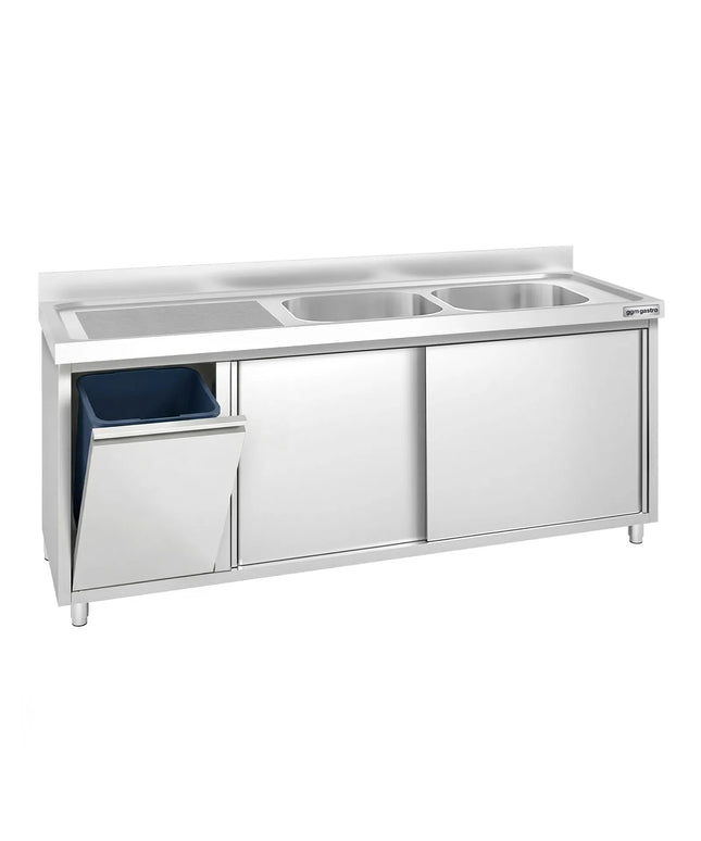 GGM Gastro Commercial Sink Cabinet PREMIUM - 2000x600mm - with waste bin & 2 bowls right-hand