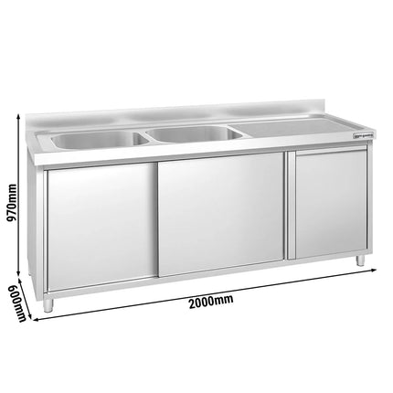 GGM Gastro Commercial Sink Cabinet PREMIUM - 2000x600mm - with waste bin & 2 bowls left-hand