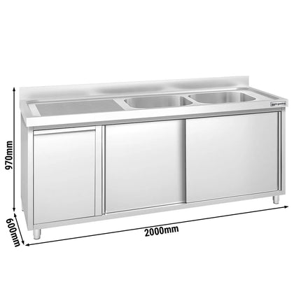 GGM Gastro Commercial Sink Cabinet PREMIUM - 2000x600mm - with waste bin & 2 bowls right-hand