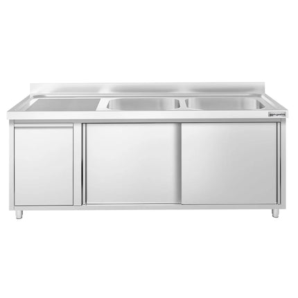 GGM Gastro Commercial Sink Cabinet PREMIUM - 2000x600mm - with waste bin & 2 bowls right-hand
