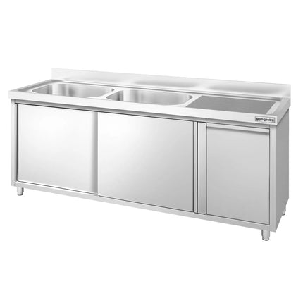 GGM Gastro Commercial Sink Cabinet PREMIUM - 2000x600mm - with waste bin & 2 bowls left-hand