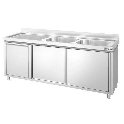GGM Gastro Commercial Sink Cabinet PREMIUM - 2000x600mm - with waste bin & 2 bowls right-hand