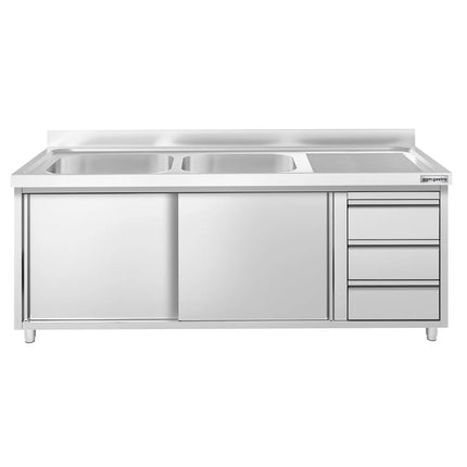 GGM Gastro Commercial Sink Cabinet PREMIUM - 2000x700mm - 2 bowls left-hand - 3 drawers