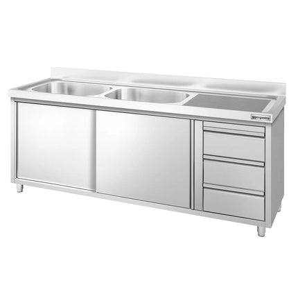 GGM Gastro Commercial Sink Cabinet PREMIUM - 2000x700mm - 2 bowls left-hand - 3 drawers