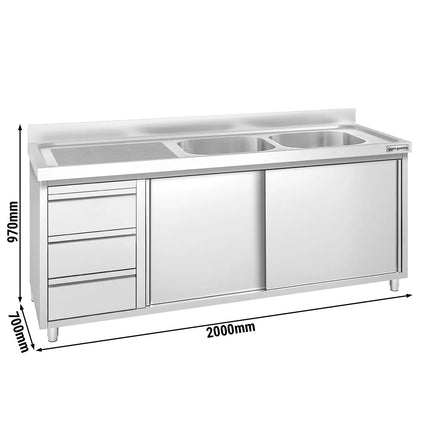 GGM Gastro Commercial Sink Cabinet PREMIUM - 2000x700mm - 2 bowls right-hand - 3 drawers