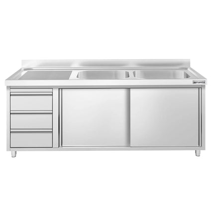 GGM Gastro Commercial Sink Cabinet PREMIUM - 2000x700mm - 2 bowls right-hand - 3 drawers