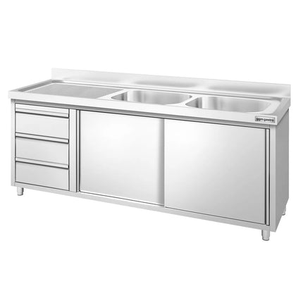 GGM Gastro Commercial Sink Cabinet PREMIUM - 2000x700mm - 2 bowls right-hand - 3 drawers