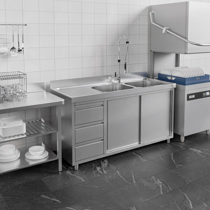 GGM Gastro Commercial Sink Cabinet PREMIUM - 2000x700mm - 2 bowls right-hand - 3 drawers