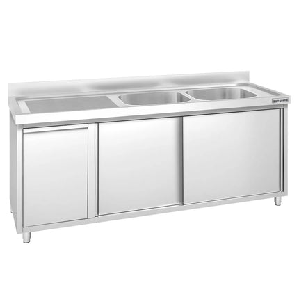 GGM Gastro Commercial Sink Cabinet PREMIUM - 2000x700mm - with waste bin & 2 bowls right-hand