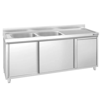 GGM Gastro Commercial Sink Cabinet PREMIUM - 2000x700mm - with waste bin & 2 bowls left-hand