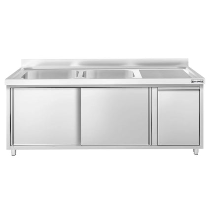 GGM Gastro Commercial Sink Cabinet PREMIUM - 2000x700mm - with waste bin & 2 bowls left-hand