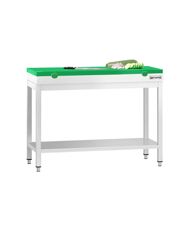 GGM Gastro Commercial Stainless Steel Centre Table PREMIUM - 1000x600mm - with Undershelf - with Green Chopping Board