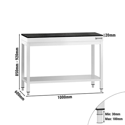 GGM Gastro Commercial Stainless Steel Centre Table PREMIUM - 1000x600mm - with Undershelf - with Granite Worktop