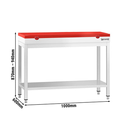 GGM Gastro Commercial Stainless Steel Centre Table PREMIUM - 1000x600mm - with Undershelf - with Red Chopping Board