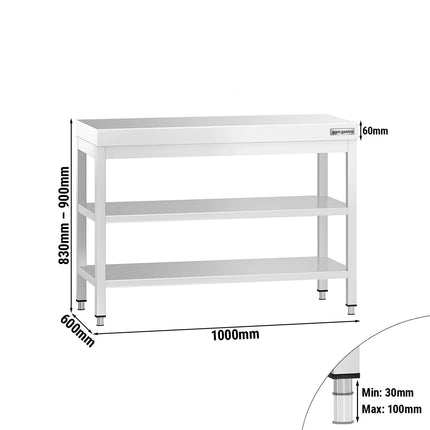 GGM Gastro Commercial Stainless Steel Centre Table PREMIUM - 1000x600mm - with Undershelf - with 2 Undershelves - with Cross Bracing