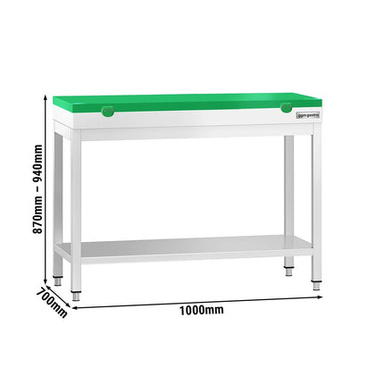 GGM Gastro Commercial Stainless Steel Centre Table PREMIUM - 1000x700mm - with Undershelf - with Green Chopping Board
