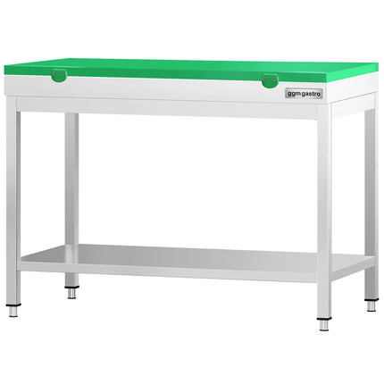 GGM Gastro Commercial Stainless Steel Centre Table PREMIUM - 1000x700mm - with Undershelf - with Green Chopping Board
