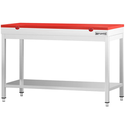 GGM Gastro Commercial Stainless Steel Centre Table PREMIUM - 1200x600mm - with Undershelf - with 2 Undershelves - with Red Chopping Board