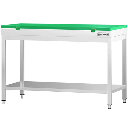 GGM Gastro Commercial Stainless Steel Centre Table PREMIUM - 1200x600mm - with Undershelf - with Green Chopping Board