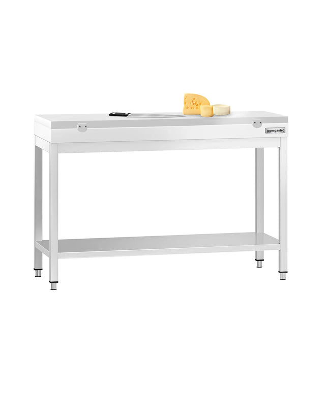 GGM Gastro Commercial Stainless Steel Centre Table PREMIUM - 1200x700mm - with Undershelf - with Cross Bracing - with Green/White Chopping Board