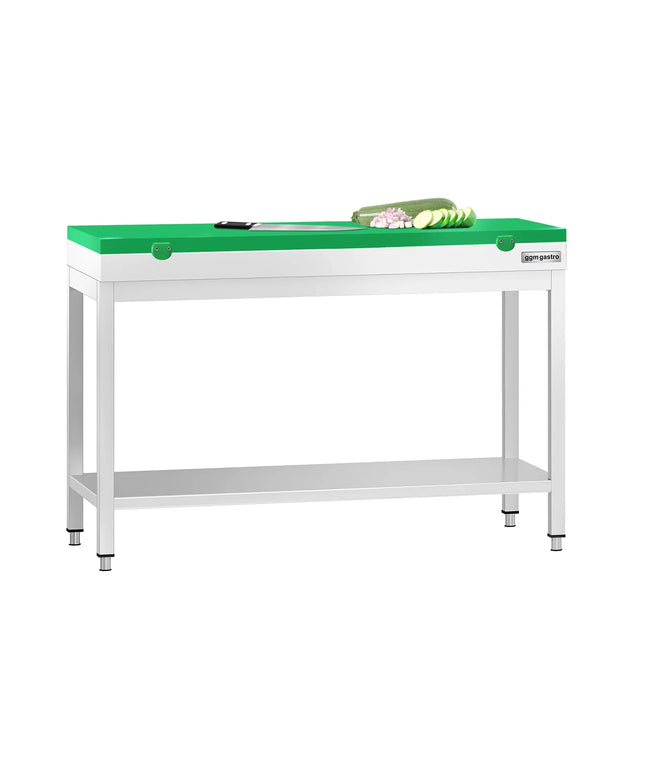 GGM Gastro Commercial Stainless Steel Centre Table PREMIUM - 1200x700mm - with Undershelf - with Green Chopping Board