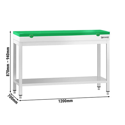 GGM Gastro Commercial Stainless Steel Centre Table PREMIUM - 1200x700mm - with Undershelf - with Green Chopping Board