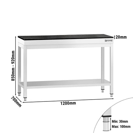 GGM Gastro Commercial Stainless Steel Centre Table PREMIUM - 1200x700mm - with Undershelf - with Granite Worktop