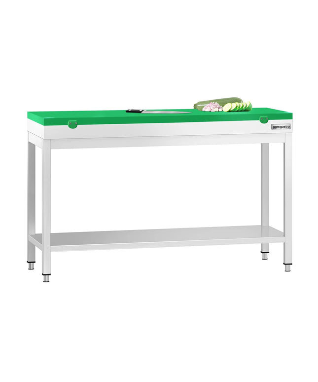 GGM Gastro Commercial Stainless Steel Centre Table PREMIUM - 1400x600mm - with Undershelf - with 2 Undershelves - with Green Chopping Board