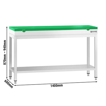 GGM Gastro Commercial Stainless Steel Centre Table PREMIUM - 1400x600mm - with Undershelf - with 2 Undershelves - with Green Chopping Board
