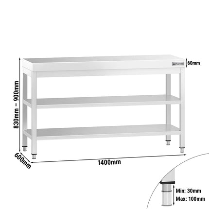 GGM Gastro Commercial Stainless Steel Centre Table PREMIUM - 1400x600mm - with Undershelf - with 2 Undershelves - with Cross Bracing
