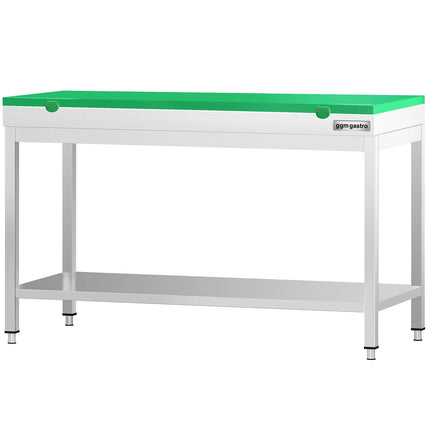 GGM Gastro Commercial Stainless Steel Centre Table PREMIUM - 1400x600mm - with Undershelf - with 2 Undershelves - with Green Chopping Board