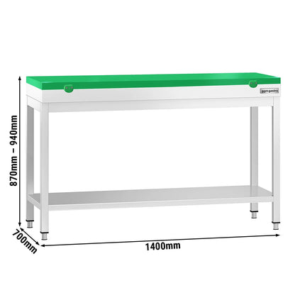 GGM Gastro Commercial Stainless Steel Centre Table PREMIUM - 1400x700mm - with Undershelf - with Green Chopping Board