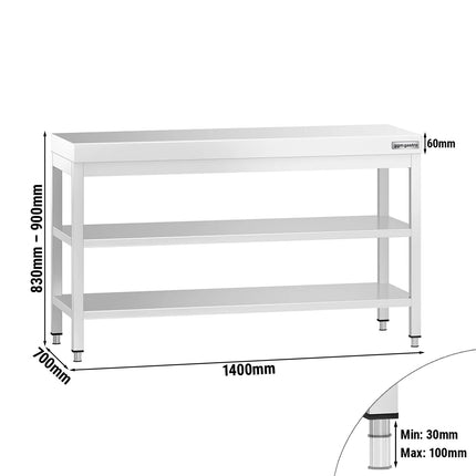 GGM Gastro Commercial Stainless Steel Centre Table PREMIUM - 1400x700mm - with Undershelf - with 2 Undershelves - with Cross Bracing