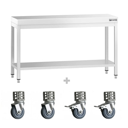 GGM Gastro Commercial Stainless Steel Centre Table PREMIUM - 1400x700mm - with Undershelf - with Wheels