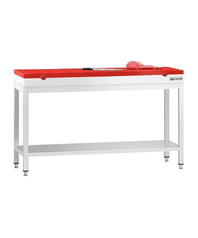 GGM Gastro Commercial Stainless Steel Centre Table PREMIUM - 1500x600mm - with Undershelf - with 2 Undershelves - with Red Chopping Board