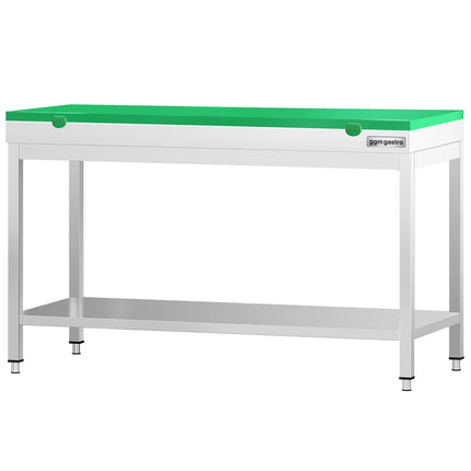 GGM Gastro Commercial Stainless Steel Centre Table PREMIUM - 1500x600mm - with Undershelf - with Cross Bracing - with Green Chopping Board