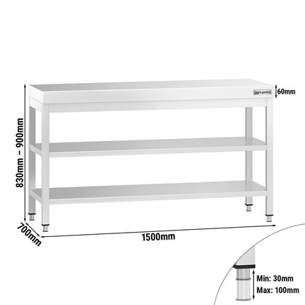GGM Gastro Commercial Stainless Steel Centre Table PREMIUM - 1500x700mm - with Undershelf - with 2 Undershelves - with Cross Bracing