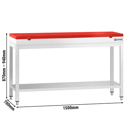 GGM Gastro Commercial Stainless Steel Centre Table PREMIUM - 1500x700mm - with Undershelf - with 2 Undershelves - with Red Chopping Board