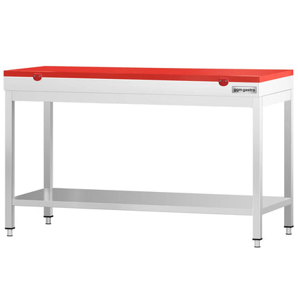 GGM Gastro Commercial Stainless Steel Centre Table PREMIUM - 1500x700mm - with Undershelf - with 2 Undershelves - with Red Chopping Board
