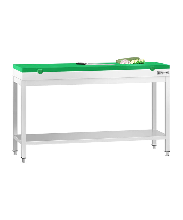 GGM Gastro Commercial Stainless Steel Centre Table PREMIUM - 1500x800mm - with Undershelf - with Green Chopping Board